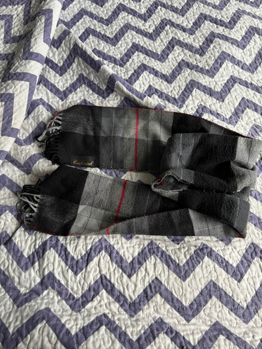 Men's Gray & Black Plaid Scarf with Red Accent -